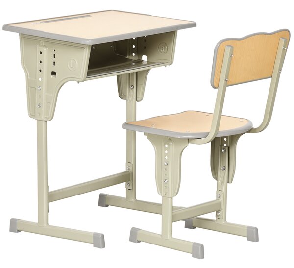 HOMCOM Banco Scuola con Sedia per Bambini 6-12 Anni Altezza Regolabile, Vano Contenitore e Portapenne, Acciaio e MDF, Color Legno|Aosom