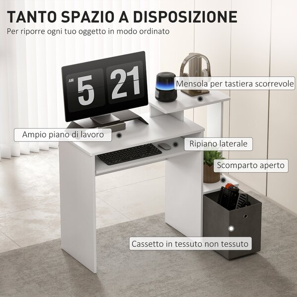 HOMCOM Scrivania Moderna per PC con Mensola Porta Tastiera, Ripiano e Cassetto in Tessuto, in Legno, 100x40x86.6cm, Bianco|Aosom