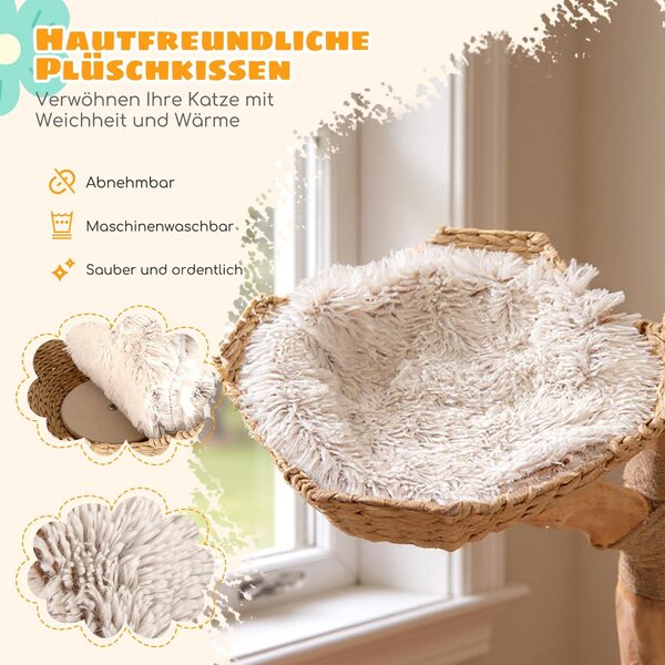 GOPLUS tiragraffi in legno, albero per gatti da 122 cm con 2 cesti in rattan di juta naturale e base, albero per arrampicarsi con palla di peluche e base allungata