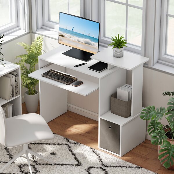 HOMCOM Scrivania Moderna per PC con Mensola Porta Tastiera, Ripiano e Cassetto in Tessuto, in Legno, 100x40x86.6cm, Bianco|Aosom