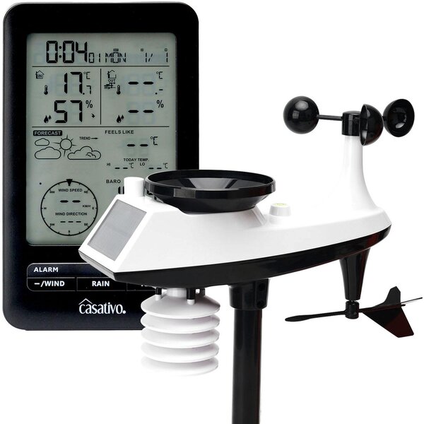 Stazione meteorologica professionale senza fili con sensore esterno a energia solare – pluviometro, anemometro, barometro e igrometro – portata di 100 m, previsioni del tempo e sveglia radio