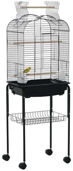 PawHut Gabbia per Uccelli con 3 Posatoi, 2 Ciotole e 2 Porte Laterali, in Acciaio, PP e Legno, 46x36x130 cm, Nera|Aosom