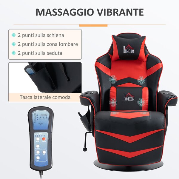 HOMCOM Sedia da Gaming Massaggiante con Poggiapiedi e Cuscino, in Finta Pelle, 79.5x82.5x111.5 cm, Nero e Rosso | Aosom Italy