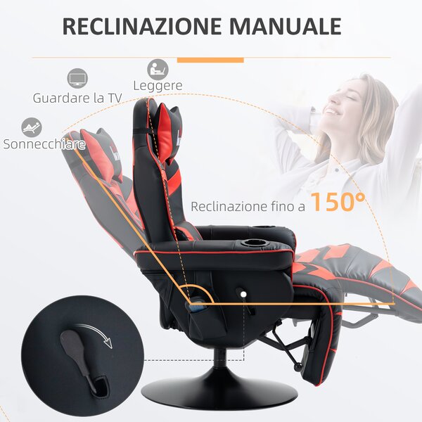 HOMCOM Sedia da Gaming Massaggiante con Poggiapiedi e Cuscino, in Finta Pelle, 79.5x82.5x111.5 cm, Nero e Rosso | Aosom Italy