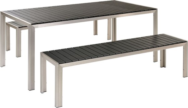 BELIANI Set di mobili da giardino nero per esterni 3 pezzi tavolo rettangolare 2 panche struttura in alluminio spazzolato