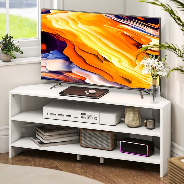 HOMCOM Mobile TV ad Angolo per 47" max con 2 Ripiani Aperti, in Legno, 110x36x45 cm, Bianco | Aosom Italy