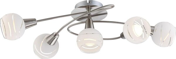 Plafoniera LED, 5 fiamme, vetro bianco, nichel opaco, L 62,4