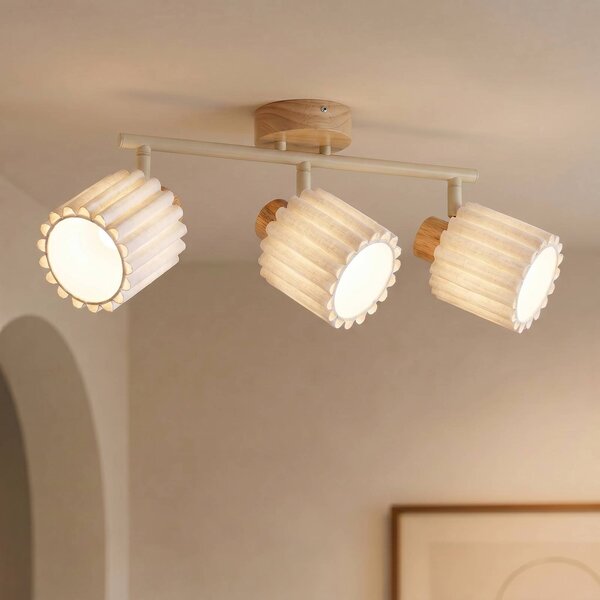 Faretto da soffitto Lindby Shiloh, a 3 luci, naturale/beige, legno Shiloh Lindby, dimmerabile, Legno chiaro, Soggiorno / Sala da pranzo, Legno, Moderno, Downlight