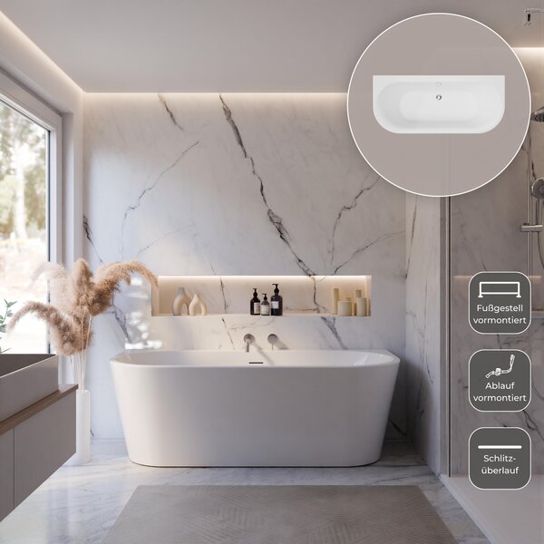 Schulte Vasca da bagno 180x80 cm Set completo con grembiule premontato, base e scarico e troppopieno, vasca da bagno freestanding Rio in acrilico bianco