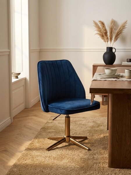 Sedia da scrivania blu scuro in velluto Design Sedia girevole con schienale, sedia a guscio 120 kg Regolabile in altezza, sedia da lavoro senza rotelle, sedia da scrivania Home Office Girevole