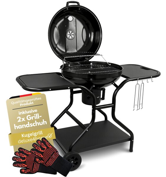 Deluxe4home® Barbecue a sfera Ø 55 cm con ripiano I Carrello per barbecue con ruote e coperchio I Barbecue a carbonella, barbecue rotondo per carbonella