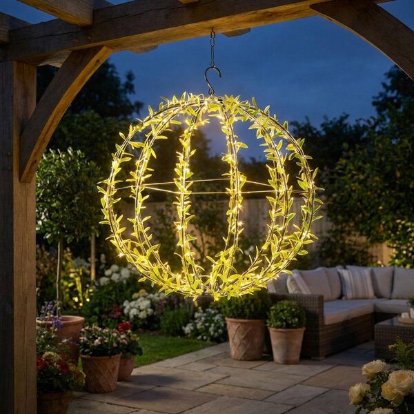 Sfera luminosa solare con motivo a foglie - Sfera da giardino Ø 40 cm con 144 LED bianco caldo - Lampada da esterno IP44 con picchetto, gancio a S e pannello solare inclusi