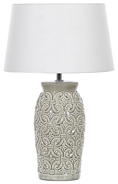 BELIANI Lampada da tavolo in Vetroceramica grigia base 48 cm con paralume in tessuto bianco fantasia soggiorno camera da letto