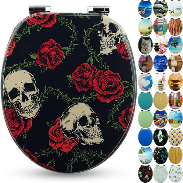 Sedile WC Sanfino® Premium "Rose Skull": sedile WC di alta qualità in legno con chiusura ammortizzata, numerosi motivi colorati, facile da montare