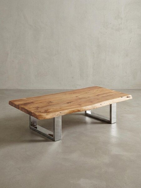 Tavolino da salotto 115 x 25 x 58 cm in legno massello di acacia con struttura in metallo grande, tavolo da salotto in legno massello marrone con bordo grezzo, tavolino da salotto in legno rustico, tavolo da salotto