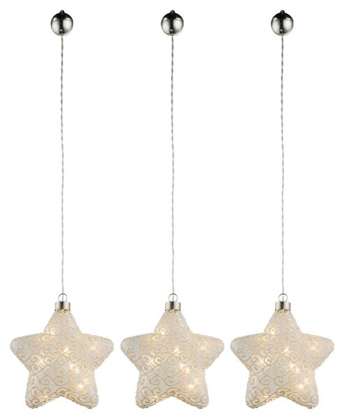 Set di 3 stelle LED, lampada a sospensione, vetro bianco, L15 cm