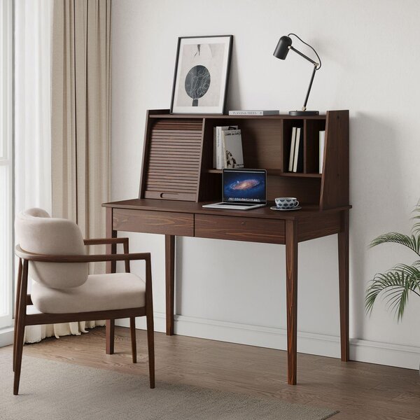 Scrivania ALISA con 2 cassetti e serranda in legno massello, finitura noce - Scrivania in legno di pino, scrivania in legno massello con spazio contenitivo, ideale per l'home office e lo studio