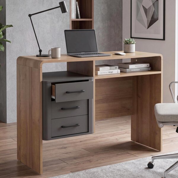 Scrivania MCW-P43, scrivania da ufficio e da computer, 3 cassetti in MDF 75x100x40 cm ~ effetto rovere Rivera, grigio scuro