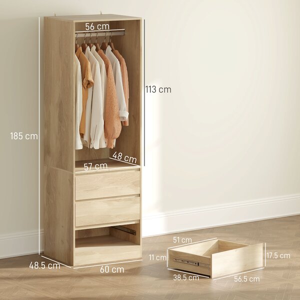 HOMCOM Armadio Guardaroba con Asta Appendiabiti, Ripiano Aperto e 3 Cassetti, in Legno, 60x48.5x185 cm, color Teak