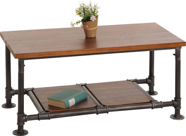 Tavolino MCW-N27, tavolino da soggiorno, tavolino da divano, tavolino ausiliario, stile industriale, legno massello e metallo, dimensioni 48x100x50 cm, colore marrone