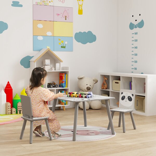 ZONEKIZ Set Tavolino e 2 Sedie per Bambini 3-8 Anni in MDF e Legno di Pino, Grigio