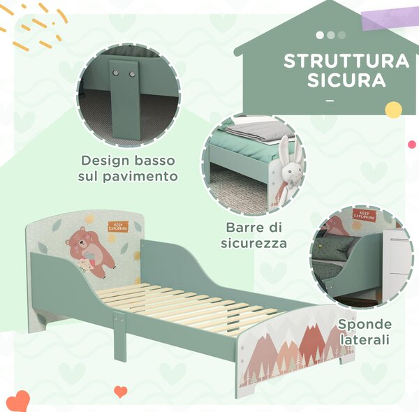 ZONEKIZ Letto per Bambini 3-6 Anni con Bordi Rialzati, Doghe e Fantasia con Animali, 140x70 cm, Verde