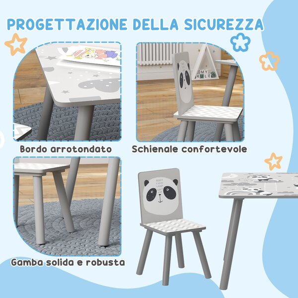 ZONEKIZ Set Tavolino e 2 Sedie per Bambini 3-8 Anni in MDF e Legno di Pino, Grigio