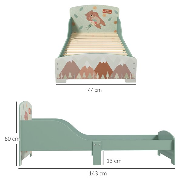 ZONEKIZ Letto per Bambini 3-6 Anni con Bordi Rialzati, Doghe e Fantasia con Animali, 140x70 cm, Verde