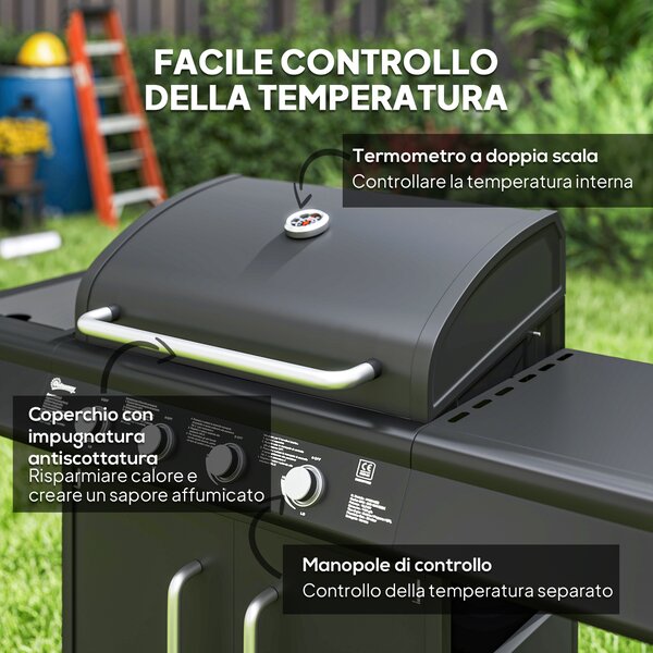 Outsunny Barbecue a Gas con Fornello Laterale, Tavolino e Armadietto, in Acciaio e PP, 129.5x56x110 cm, Nero
