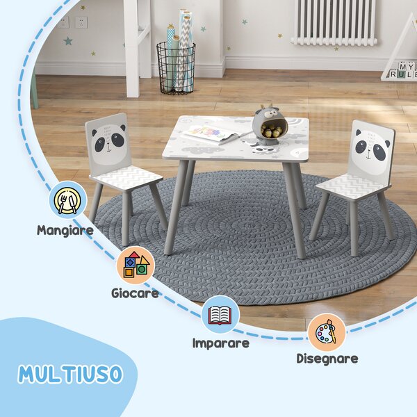 ZONEKIZ Set Tavolino e 2 Sedie per Bambini 3-8 Anni in MDF e Legno di Pino, Grigio