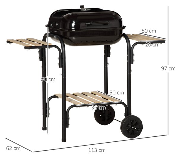 Outsunny Barbecue a Carbone con Coperchio, Ripiani e Ruote, Completo di Spatola, Pinza e Coltello, Nero