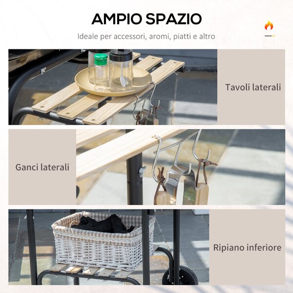Outsunny Barbecue a Carbone con Coperchio, Ripiani e Ruote, Completo di Spatola, Pinza e Coltello, Nero