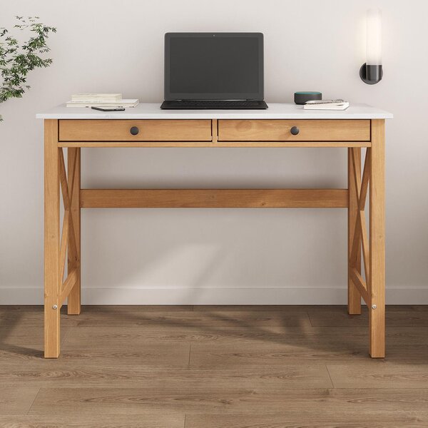Scrivania ADRIAN in legno massello, bianco/rovere - Tavolo da ufficio per la casa con 2 cassetti e maniglie in metallo, ideale come scrivania da ufficio o da computer per lo studio, in stile rustico moderno