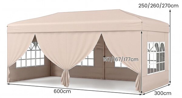 KOMFOTTEU, padiglione pop-up 3x6 metri, padiglione pieghevole con 6 pareti laterali e 6 sacchi di sabbia, gazebo da giardino regolabile in altezza, con borsa da trasporto su ruote, ideale per spiaggia, matrimoni e campeggio, colore beige