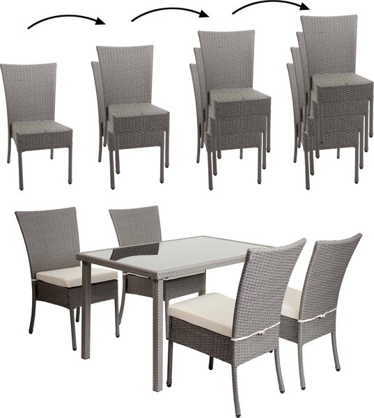 Set in poly-rattan HWC-G19, set da balcone/lounge, 4xsedie+tavolo, 120x75cm ~ grigio, cuscini crema