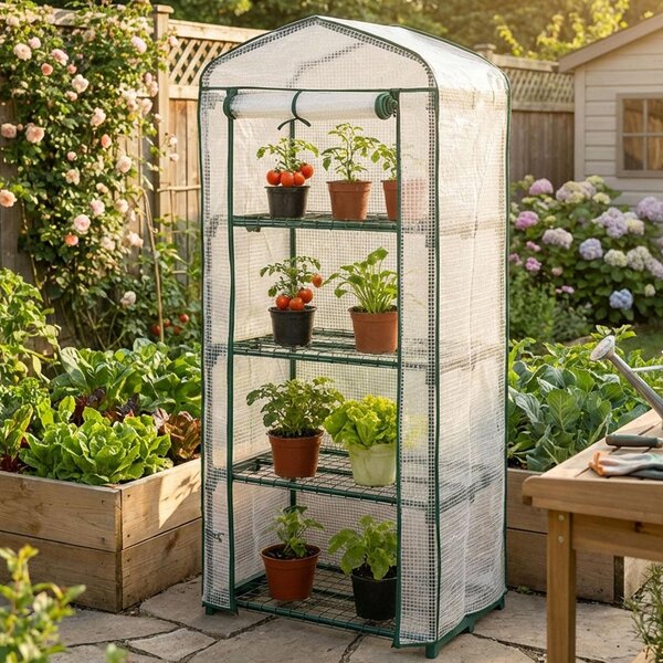 Serra in plastica 49x69x160 cm a 4 ripiani, robusta serra per la coltivazione con telo in rete di PE da 120 g/m², porta a rullo, struttura in acciaio e sistema a incastro per balconi e