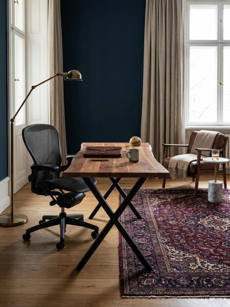 Scrivania 120x60x76 cm in legno massello di acacia / metallo Scrivania per computer con bordo naturale, scrivania da ufficio per home office massiccia con gambe a X in nero, tavolo in legno Tavolo per laptop Studio