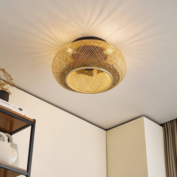 Lucande Ventilatore da soffitto con luce Cordie, DC, silenzioso, Ø 53 cm Cordie Lucande, dimmerabile, Legno chiaro, Soggiorno / Sala da pranzo, bambù, Campagna / Rustiche