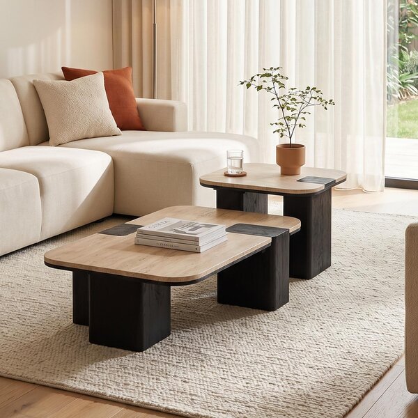 Set di tavolini SURAT/DELHI con piano in travertino, beige/nero - Eleganti tavolini da salotto in legno di mango massiccio, design senza tempo, ideali come tavolini da salotto o tavolini laterali