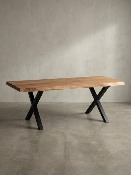 Tavolino da salotto 120x60x46 cm in legno massello di acacia / metallo con bordo naturale, tavolino da salotto di design rettangolare, tavolino da divano marrone, tavolino da caffè con gambe nere a forma di X