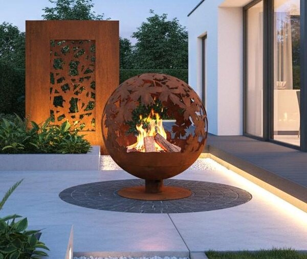Braciere a forma di sfera con motivo a foglie, effetto ruggine, 58x58x65 cm Firebowl World Jet-Line