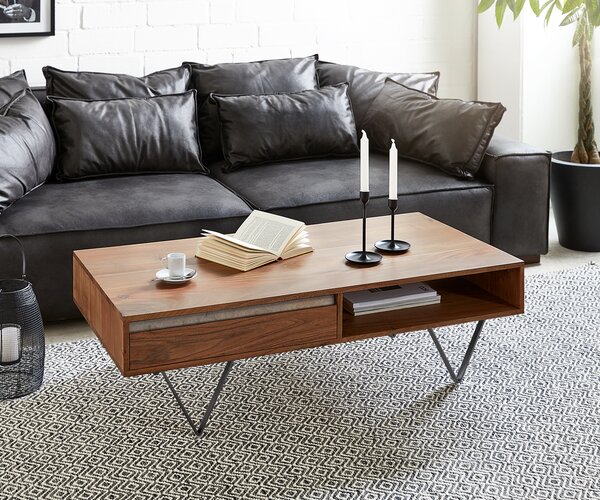 Tavolino DELIFE Stonegrace 115x60 cm in acacia marrone ardesia, 2 cassetti, 1 scomparto, base a V nera