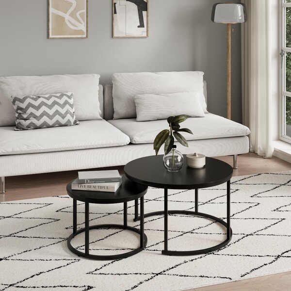 Set di 2 tavolini rotondi in legno, tavolo da salotto moderno in nero, set di tavolini 2 in 1 con struttura in metallo per soggiorno