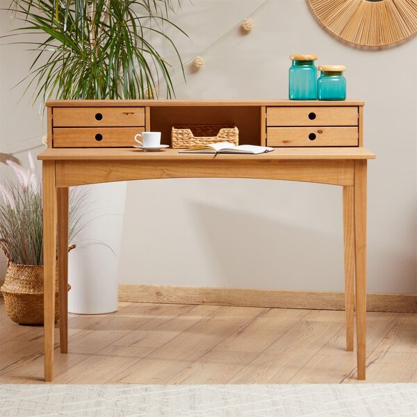 Scrivania MILANO con 4 cassetti e 1 ripiano in legno massello, finitura rovere, struttura robusta; scrivania per PC con spazio contenitivo per l'ufficio e l'home office