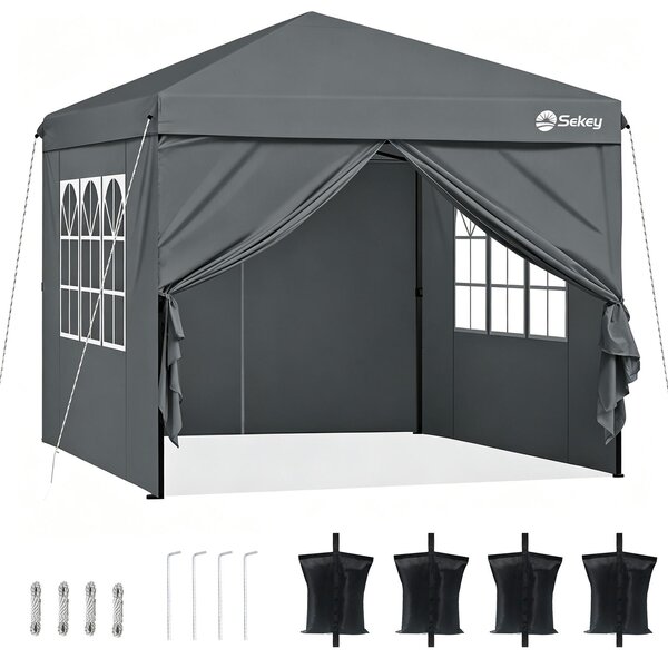 Gazebo pieghevole Sekey 3x3 con 4 pareti laterali e 4 sacchi di sabbia, gazebo pop up impermeabile per campeggio, festival, eventi, picnic, grigio