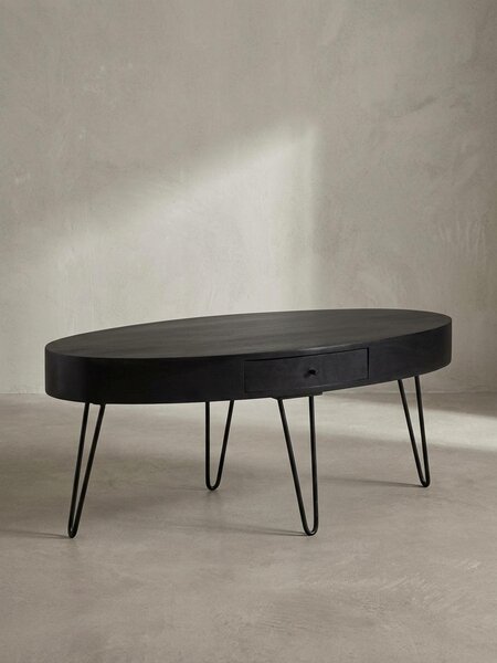 Tavolino da salotto 100x50x40 cm in legno massello di mango Tavolino in metallo, tavolino da salotto di design ovale con cassetto, tavolino da caffè con spazio contenitivo massiccio, grande tavolino da salotto con gambe a forcella