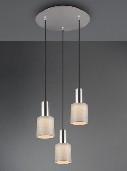Lampada a sospensione a 3 fiamme con paralume in tessuto rotondo grigio illuminazione ottimale tavolo da pranzo