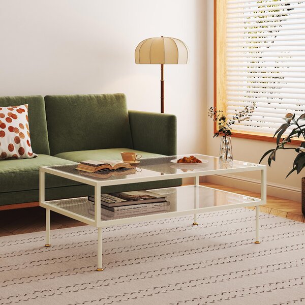 Tavolino 'Lindau' in acciaio con piano in vetro 100 x 50 x 46 cm bianco crema