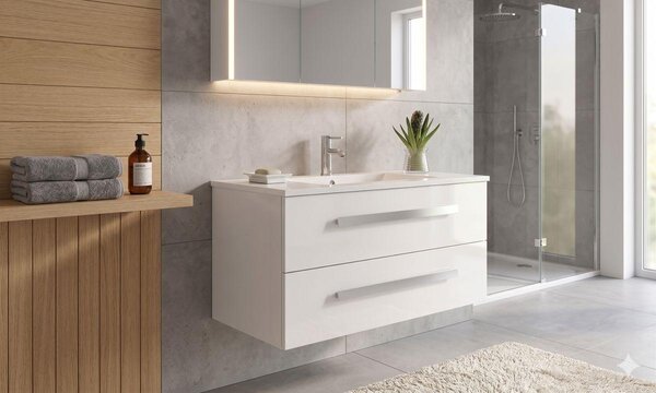 Set bagno RAPPERSWIL bianco Set mobili da bagno Lavabo in Vetroceramica lucida 2 cassetti con chiusura ammortizzata e frontali lucidi in bianco Lavabo in Vetroceramica bianca