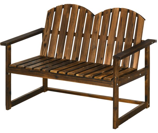 Panca da giardino Outsunny, modello a 2 posti, realizzata in legno con schienale, braccioli e finitura carbonizzata